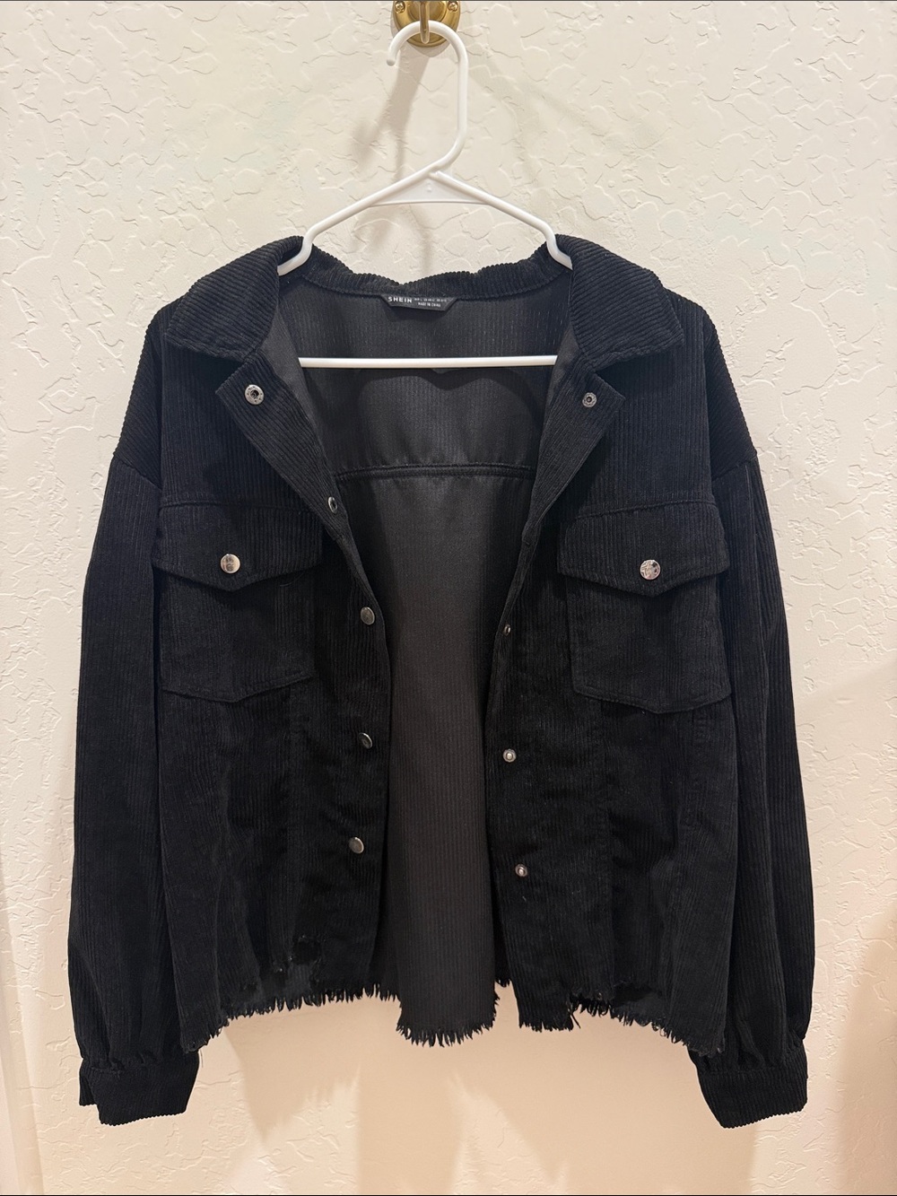 SHEIN Black Corduroy Button-Front Bomber Jacket Raw Hem